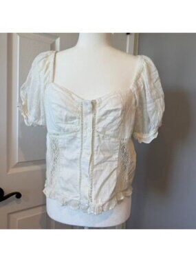 Free People Semi Sheer Lace Cap Sleeve White Cotton Blouse Size Medium
